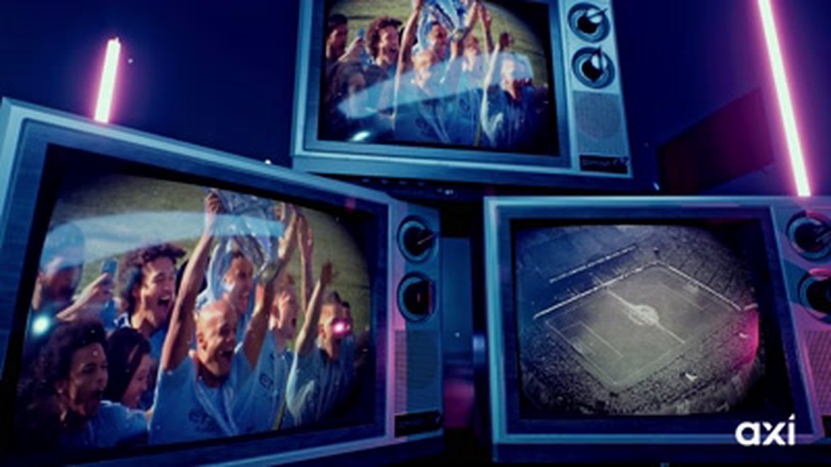Still from the Right Formula end of year wrap: a wall of vintage televisions playing football highlights under neon light.